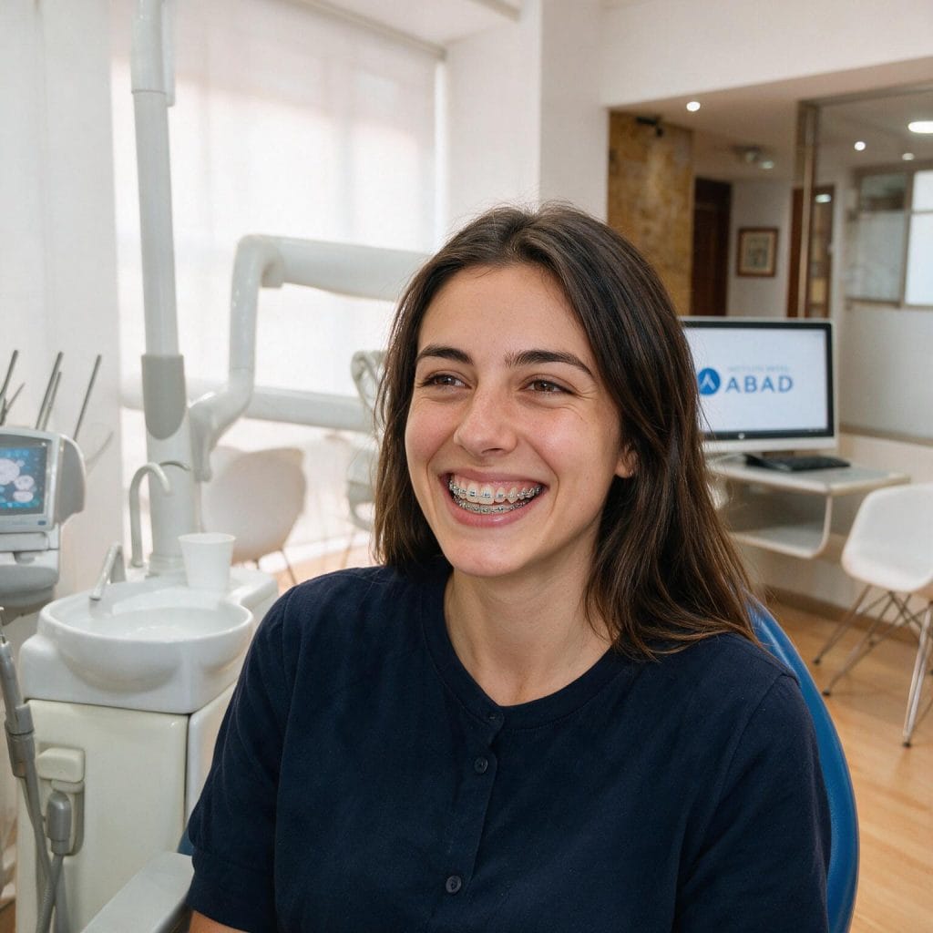 Paciente sonriendo con ortodoncia (brackets) en Instituto Dental ABAD, Murcia