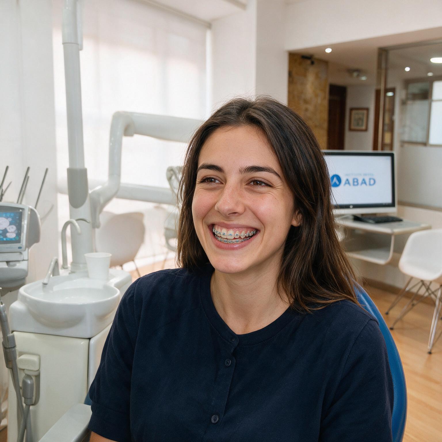 Paciente sonriendo con ortodoncia (brackets) en Instituto Dental ABAD, Murcia